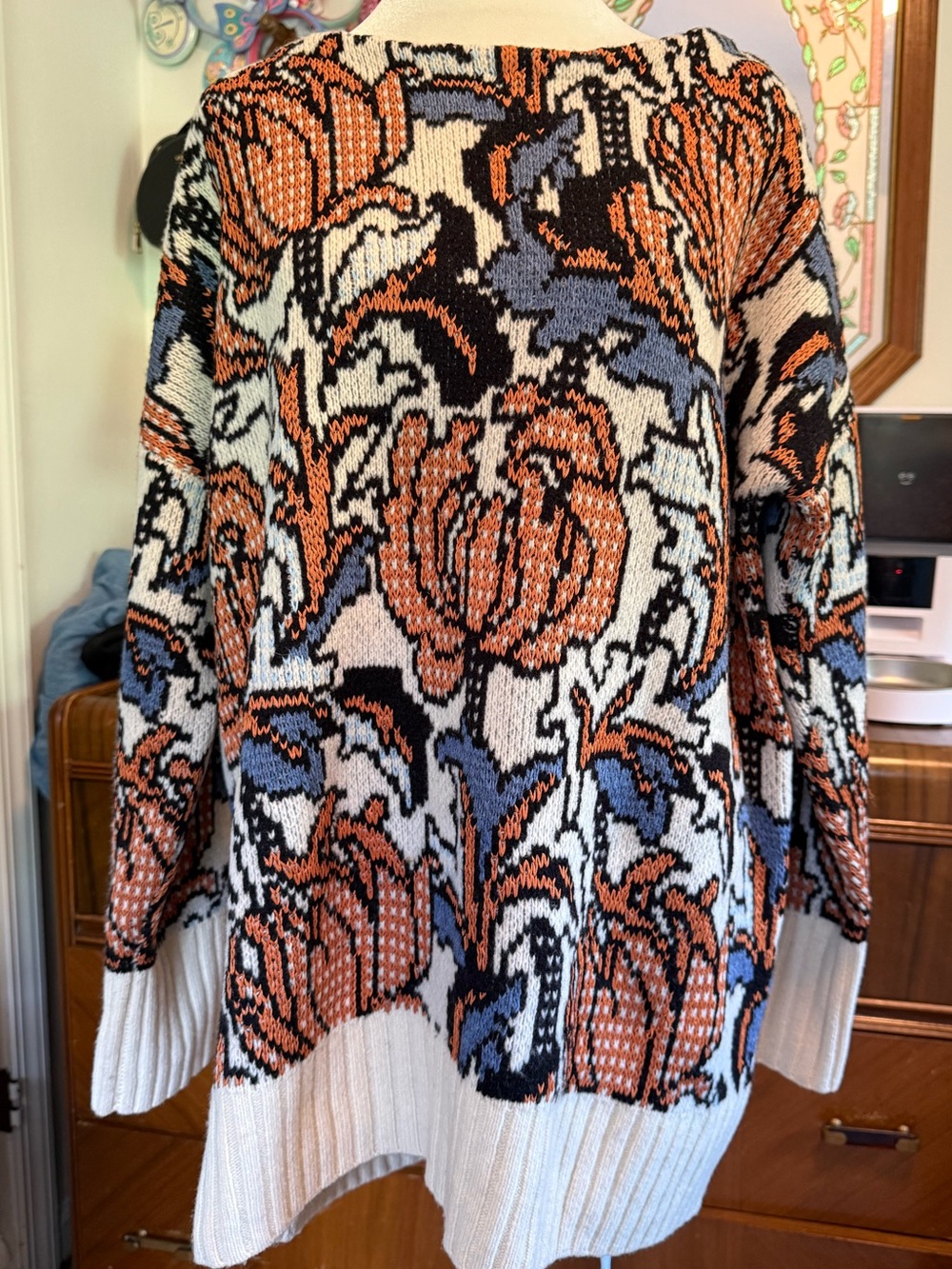 Anthropologie Floral Crewneck Sweater in Rust, Blue & White large eris